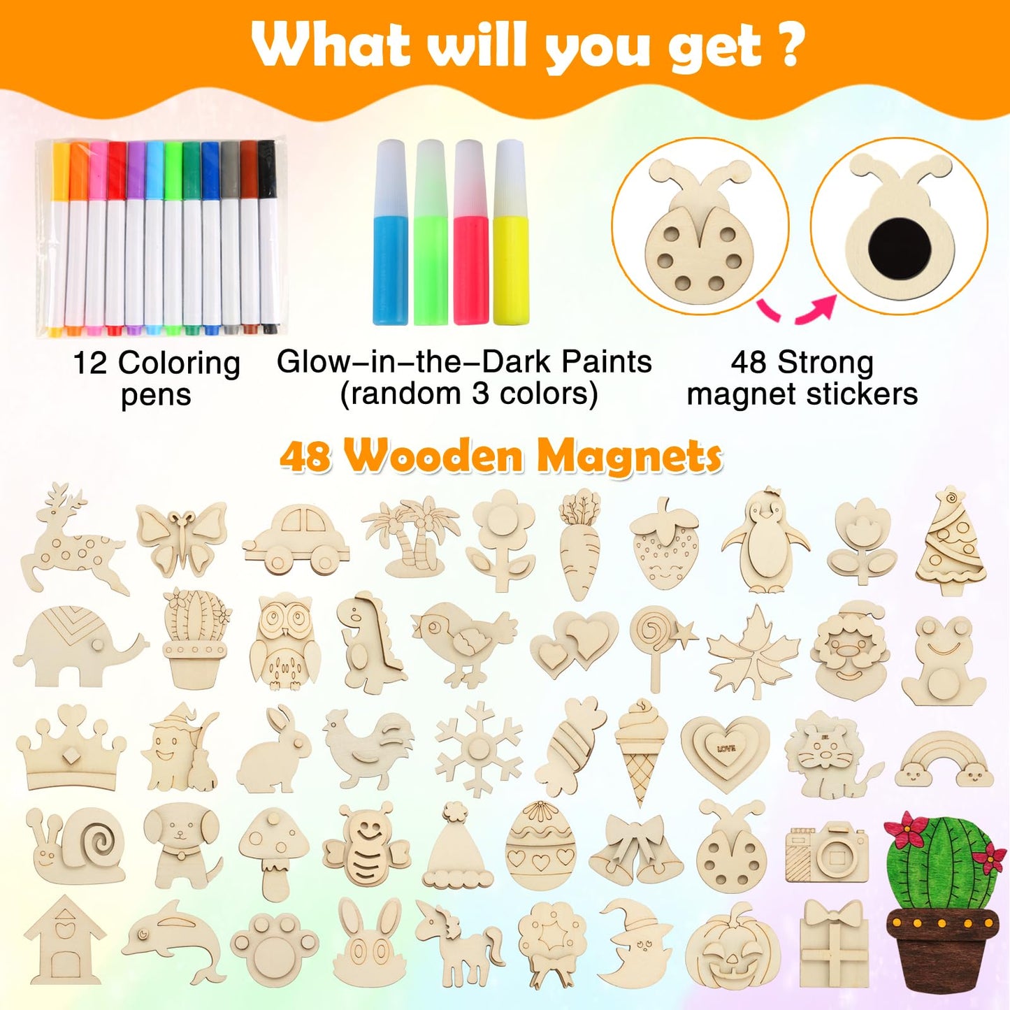 Worgree 48 Pcs DIY Wooden Magnets, Wooden Art Craft Supplies Painting Kit for Kids Ages 4-8 8-12 Glow in The Dark Party Favors Goodie Bag Stuffers Birthday Gifts Toys for Boys Girls