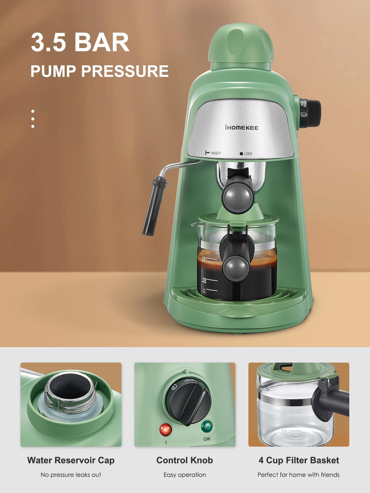 Ihomekee Espresso Machine, 3.5Bar Espresso and Cappuccino Machine with Fast Heating Function, 1-4 Cups Coffee Maker with Milk Frothing Function and Steam Wand (Green) Ihomekee
