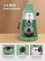 Ihomekee Espresso Machine, 3.5Bar Espresso and Cappuccino Machine with Fast Heating Function, 1-4 Cups Coffee Maker with Milk Frothing Function and Steam Wand (Green) Ihomekee