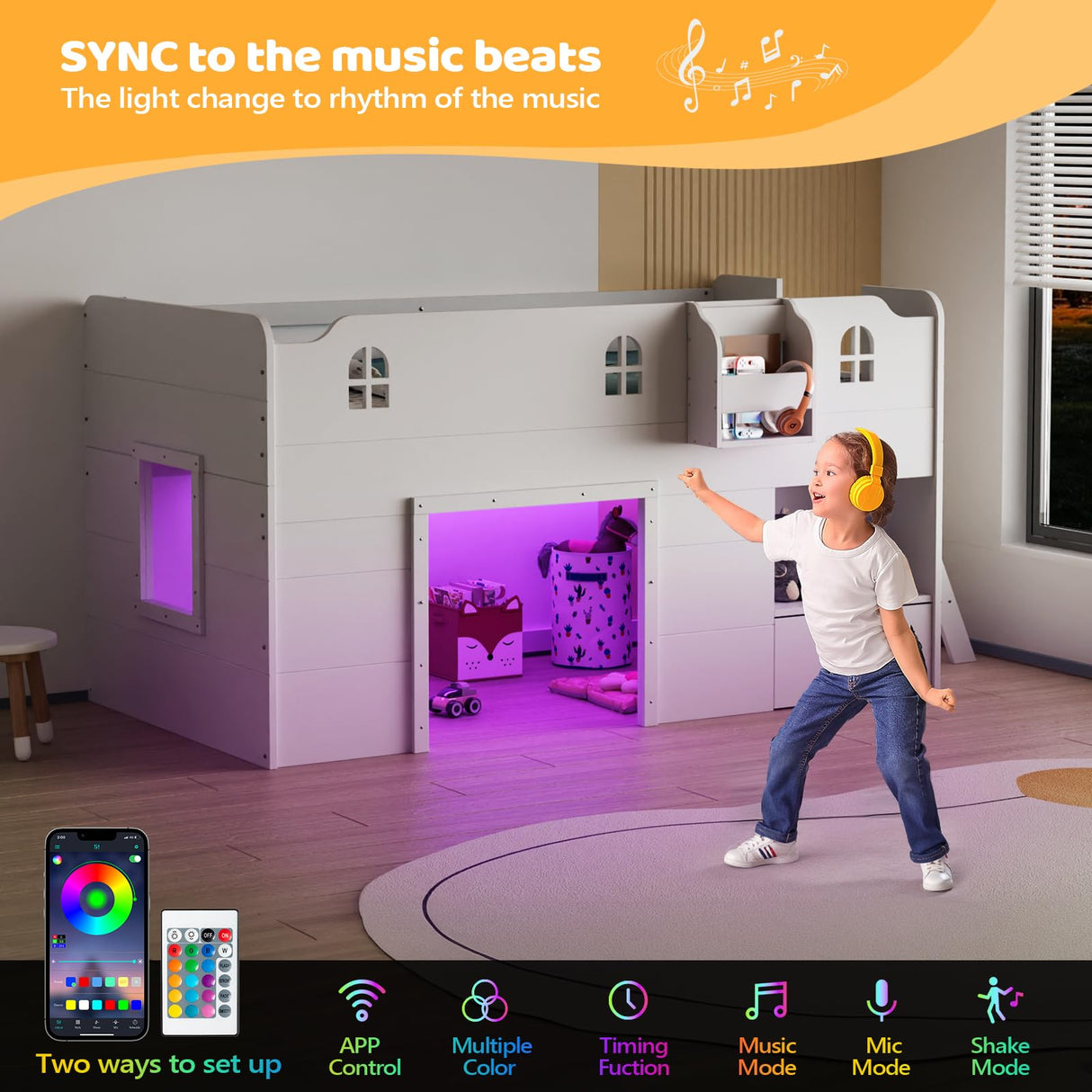 JOYMOR Loft Bed Twin Size with Led Light, Low Loft Bed with Storage Drawer, Modern Farmhouse Design with Castle Guardrail and Window, Book Rack, Smart APP Control, No Box Spring Needed (White) JOYMOR