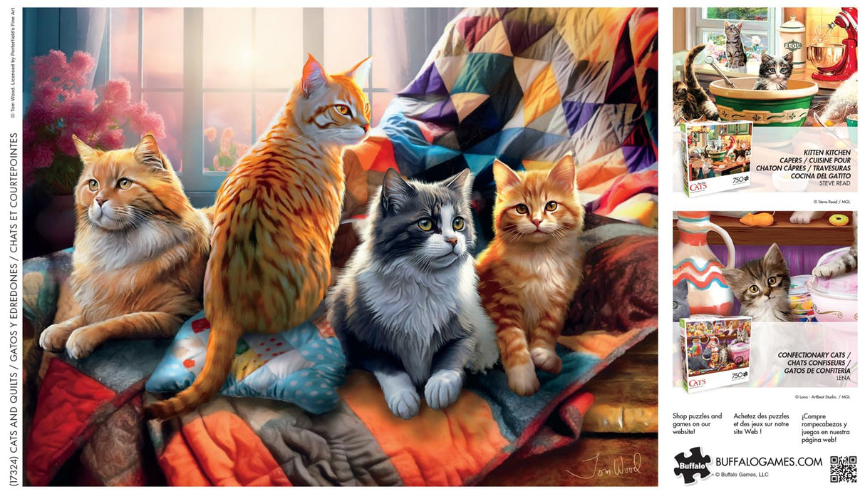 Buffalo Games - Tom Wood - Cats and Quilts - 750 Piece Jigsaw Puzzle for Adults -Challenging Puzzle Perfect for Game Nights - Finished Size is 24.00 x 18.00 Buffalo Games
