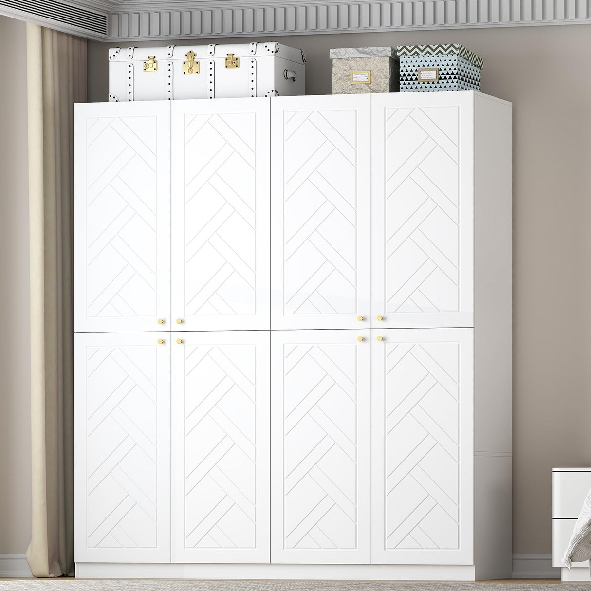 Armoire Wardrobe Closet with 4 Doors, 78" Clothing Storage Cabinet with Hanging Rod Shelf and Drawers, Wooden Freestanding Bedroom Armoires for Bedroom, Living Room, White vinform
