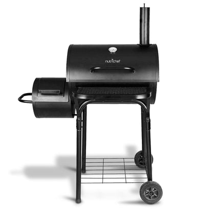 NutriChef Charcoal Grill Offset Smoker with Cover, Portable Stainless Steel Grill, Outdoor Camping BBQ and Barrel Smoker (Black)