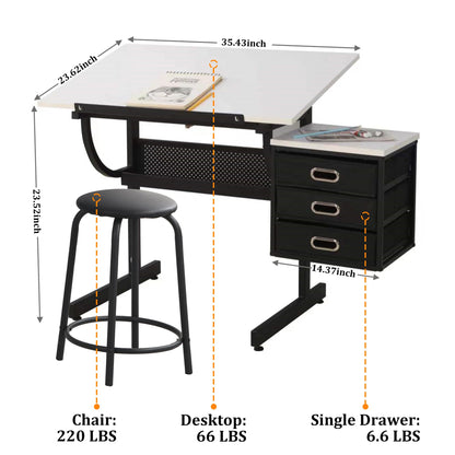 Olela Drafting Desk, Height Adjustable Drafting Table Versatile Art Craft Artists Paintings Storage Work Station with Tilting Temped Glasses Tabletop and Stool (Drawing Table - 2)