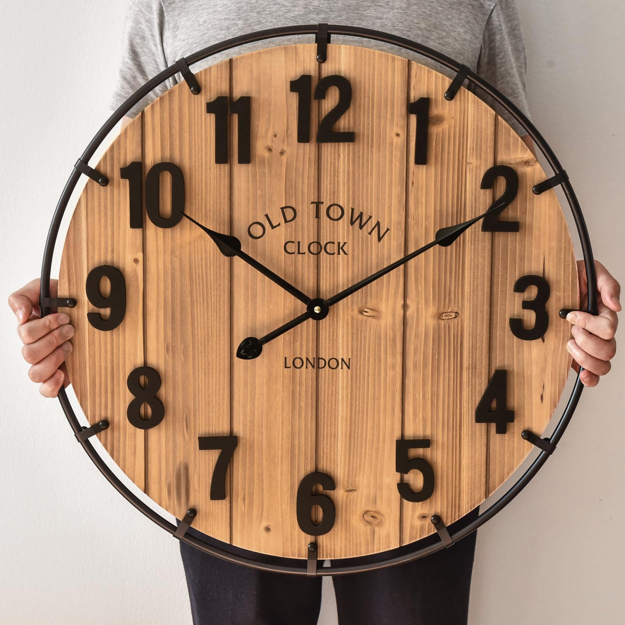 24 Inch Farmhouse Wall Clock Large Old Town Vintage Rustic Wooden Clock with Metal Rim and Large Numerals, Silent Battery-Operated for Office, Kitchen, Bedroom, and Living Room MICWIC