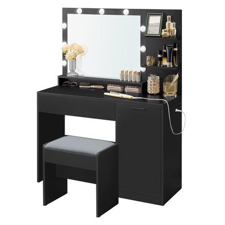 VASAGLE Vanity Desk with Mirror and Lights, 43.3-Inch Wide Makeup Vanity with Upholstered Vanity Stool, Power Outlets, Dimmable LED Lights, Storage Drawer, for Bedroom, Ink Black URDT628B01 VASAGLE
