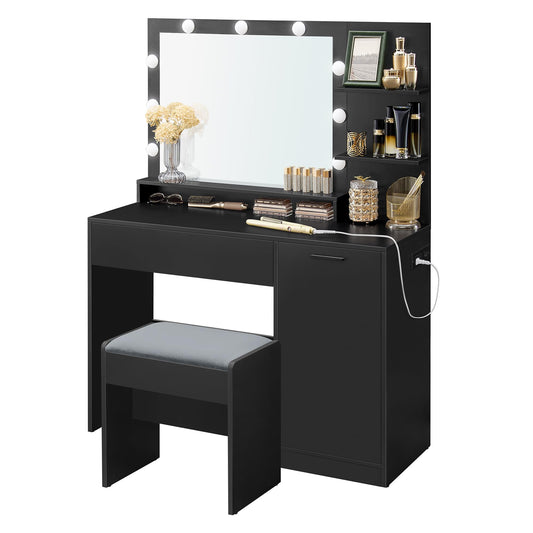 VASAGLE Vanity Desk with Mirror and Lights, 43.3-Inch Wide Makeup Vanity with Upholstered Vanity Stool, Power Outlets, Dimmable LED Lights, Storage Drawer, for Bedroom, Ink Black URDT628B01