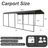 Chilihom Car Port Metal Carport 12 ×20 FT Heavy Duty Carport Kit, Metal Garage Carport Canopy with Galvanized Steel Roof & Frame，Car Tent Outdoor Storage Shed for Car, Boats and Truck, Charcoal Chilihom