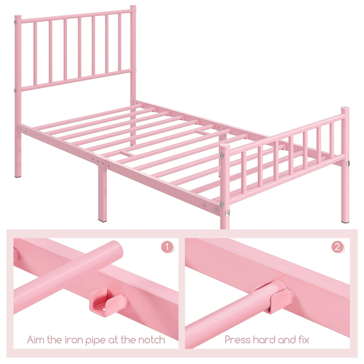 Yaheetech Twin Size Bed Frame Metal Platform Bed Frame Mattress Foundation with Spindle Headboard & Footboard/No Box Spring Needed/14 Inch Underbed Storage/Firm Support & Easy Set up Structure, Pink Yaheetech