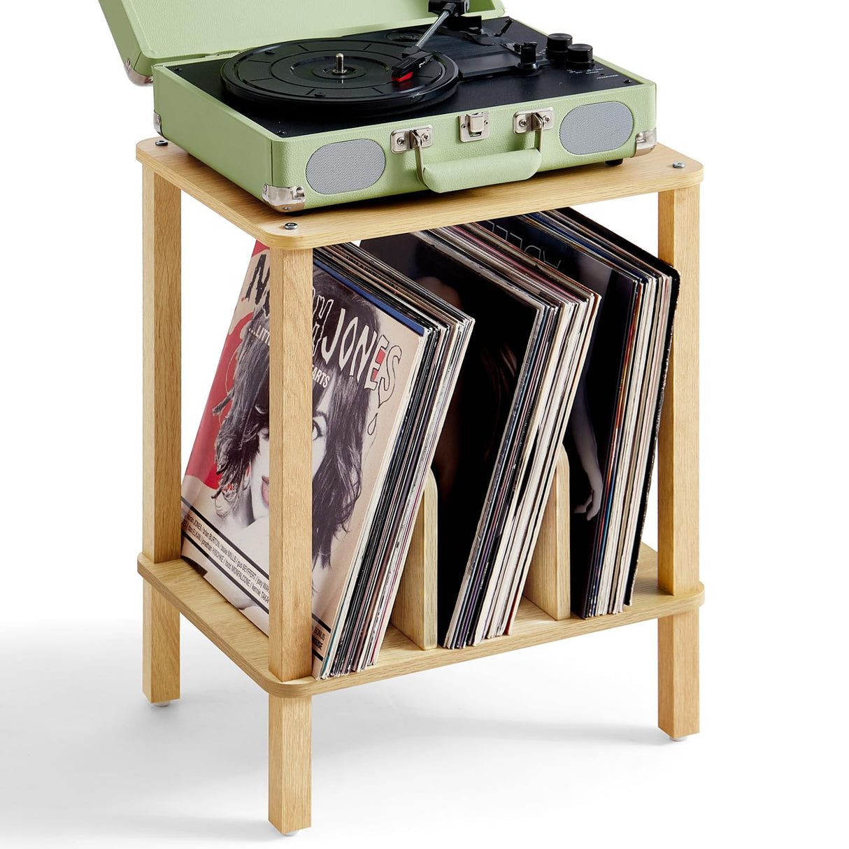 LELELINKY 2-Tier Bamboo Record Player Stand with Vinyl Record Storage up to 100 Albums, Bedroom Record Holder and Multi-Functional End Table for Living Room, Natural LELELINKY
