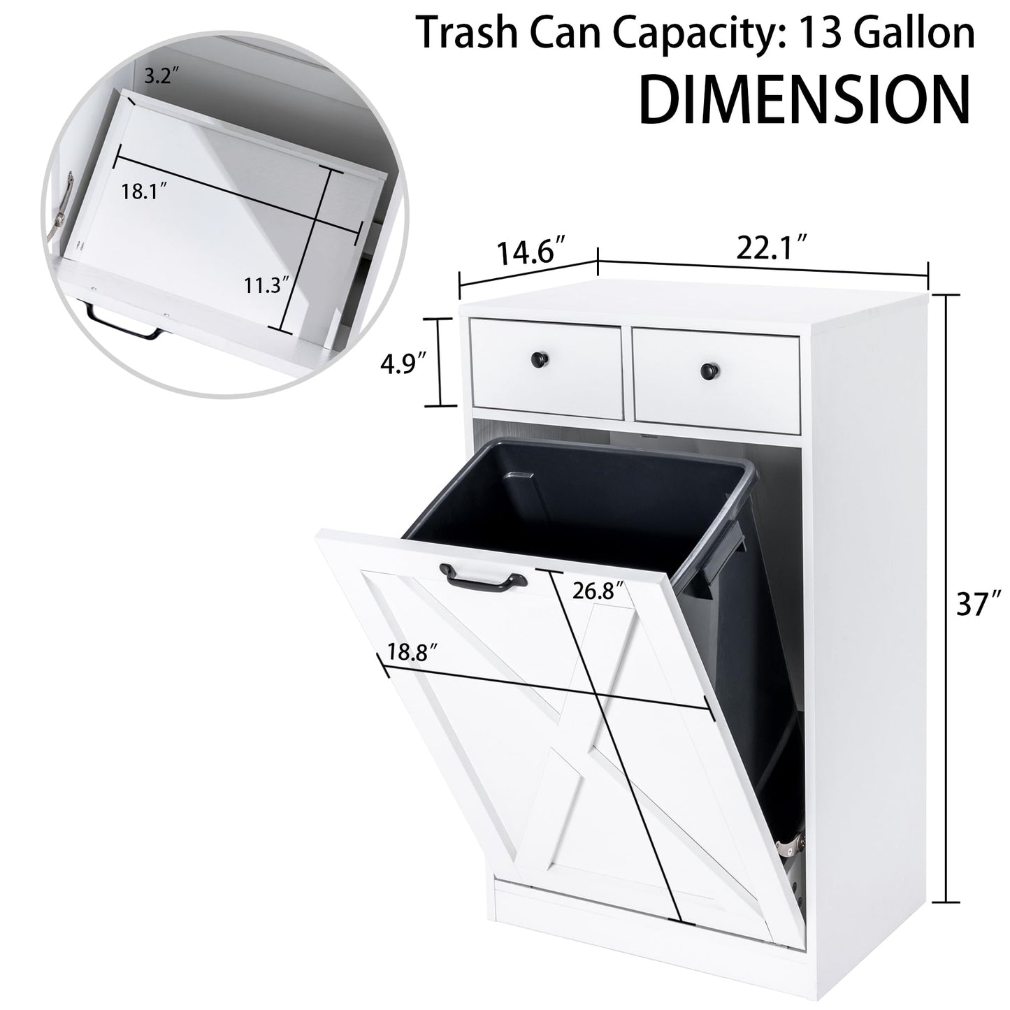 Zvyteay 13 Gallons Tilt Out Trash Can Cabinet, Wooden Trash Cabinet with 2 Drawers, Free Standing Kichen Waste Bin Recycling Cabinet Pet Proof Hidden Trash Cabinet for Kitchen (White) - WoodArtSupply