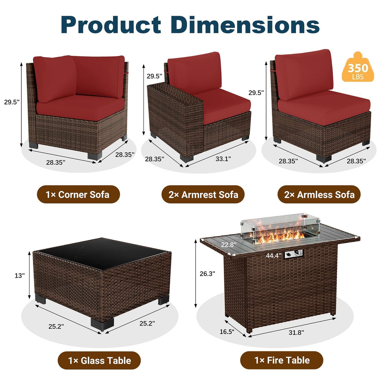 VONZOY 7 Piece Patio Furniture Set with Fire Pit Table, Outdoor Conversation Sets Wicker Rattan Sectional Sofa with Coffee Table, 4'' Thickened Cushion Wine Red (Include Waterproof Cover) VONZOY
