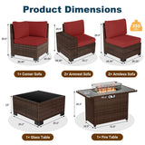 VONZOY 7 Piece Patio Furniture Set with Fire Pit Table, Outdoor Conversation Sets Wicker Rattan Sectional Sofa with Coffee Table, 4'' Thickened Cushion Wine Red (Include Waterproof Cover) VONZOY