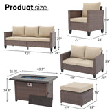 SUNSITT Outdoor Patio Furniture Set with Fire Pit Table 7 Piece Wicker Conversation Set with 43in Propane Firepit Sectional Dining Set 3 Seat Sofa Couch with Ottoman, Brown Wicker & Beige Cushion SUNSITT