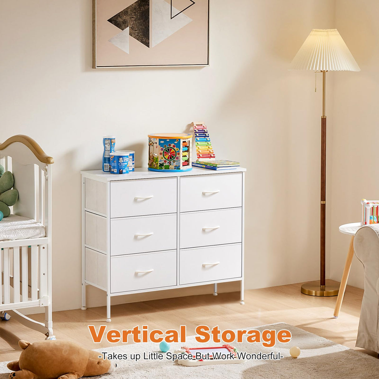 Sweetcrispy Dresser for Bedroom with 6 Storage Drawers, Fabric Storage Tower Organizer, Chest of Drawers with Metal Frame Wooden Top for Closet, Living Room, Entryway, White Sweetcrispy