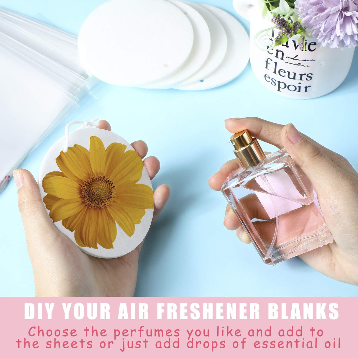 50 Pieces Sublimation Air Freshener Blanks Car Scented Hanging Round Felt Air Freshener White Fragrant Sheets with 100 Pieces Bags and Elastic Rope for Car Interior Use and Decor Maitys