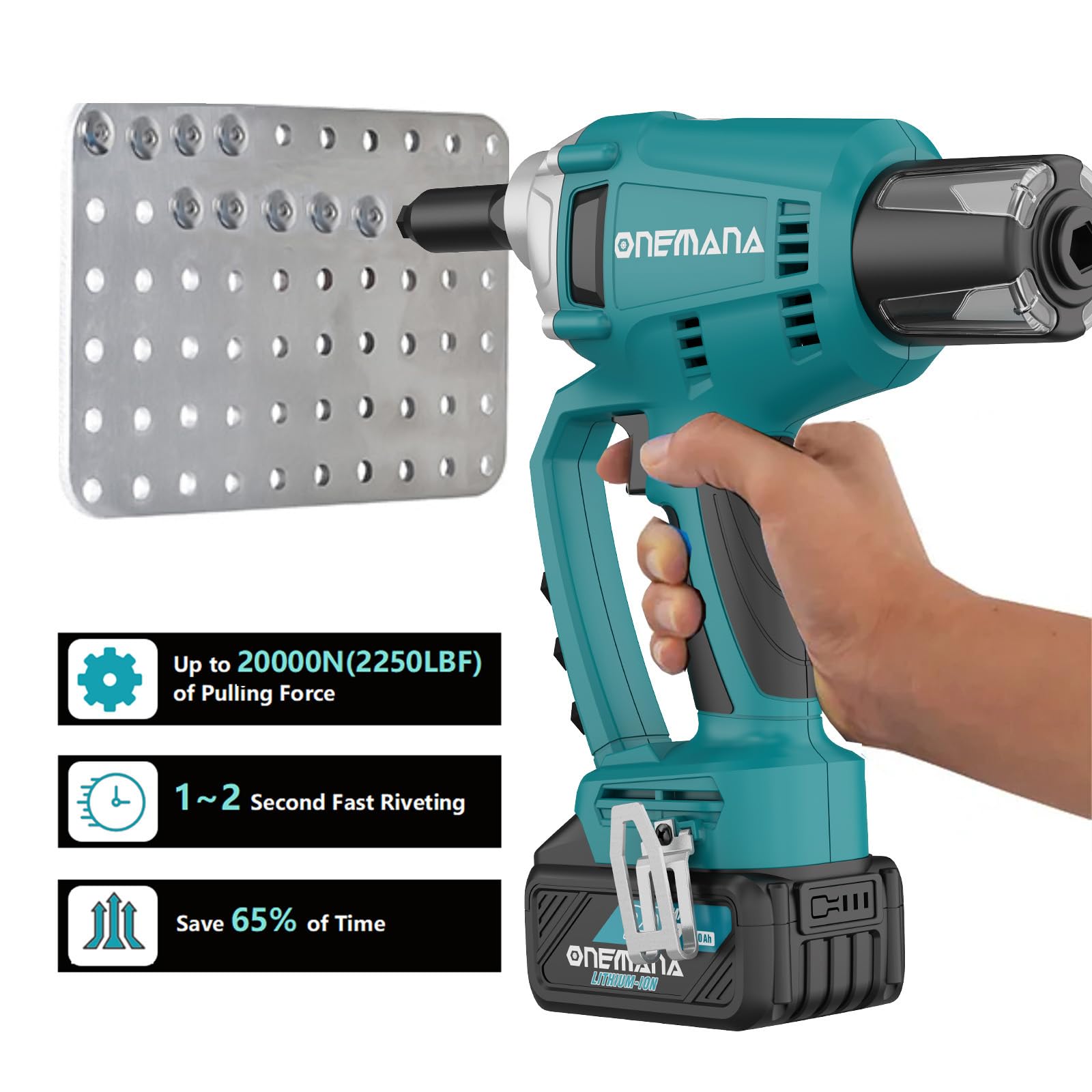 Cordless Rivet Gun Tool, ONEMANA Electric Automatic Rivet Gun Brushless up to 3/16'', Tool-free Nose Piece Change, Compatible with Makita Battery Pack (Bare Tool Only) - WoodArtSupply