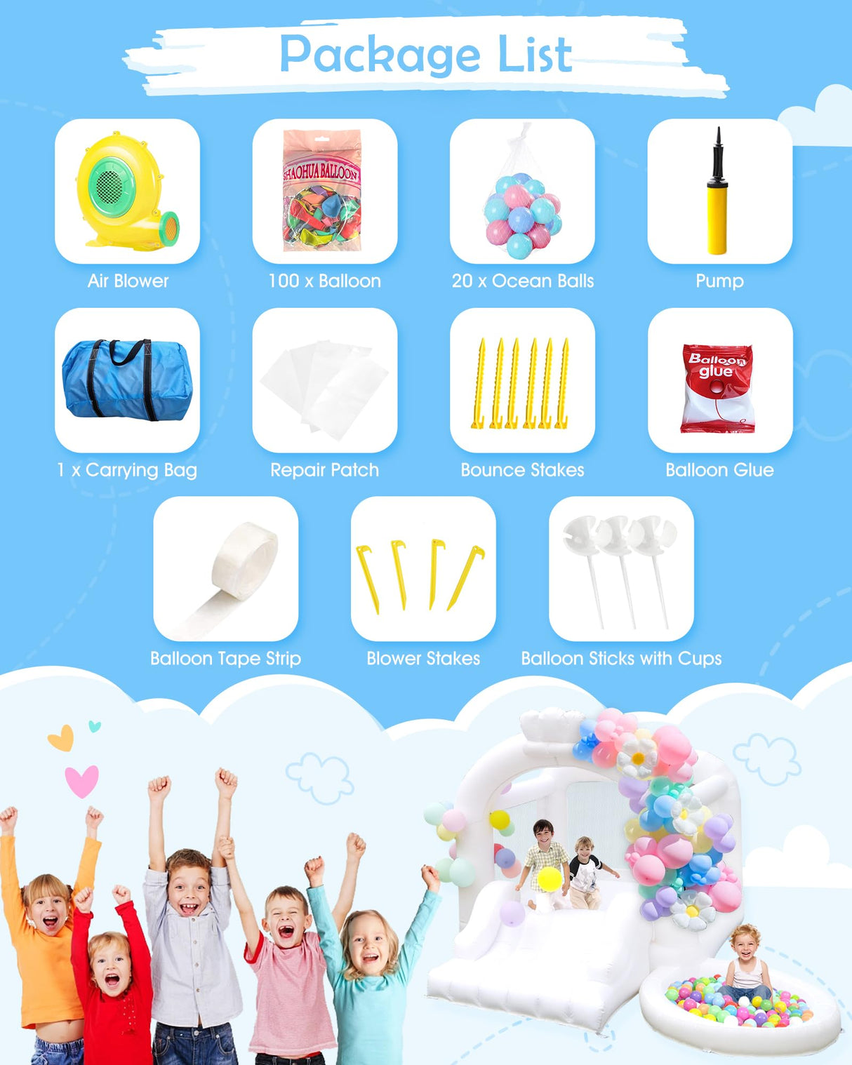 White Bounce House, Inflatable Bounce House with Slide&Ball Pit,11x11FT Inflatable Bounce Castle with Air Blower for Wedding Party Kids Birthday Party, Durable Oxford Cloth… (White Bounce House) Step4Fun