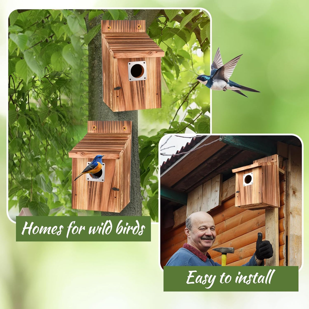 4-Piece Outdoor Bird House Set, Bird Houses for Outside with Metal Guards, Safety Locks, Flight Slots, & Ventilation, Bluebird Houses with 1-1/2" Entrance for Bluebirds, Wrens, Finches JZTKQTM