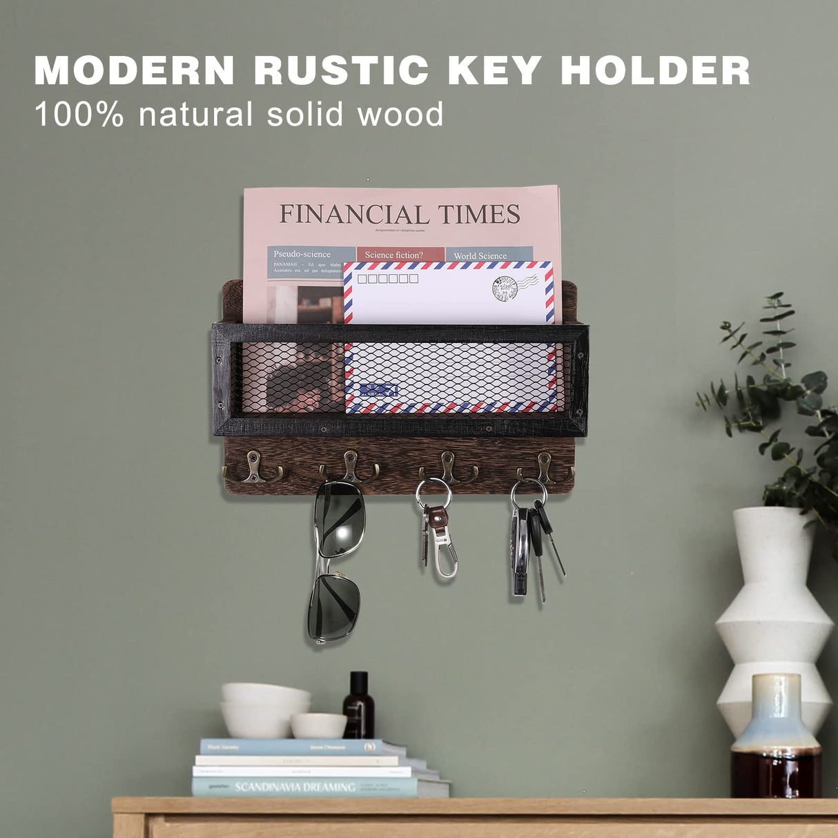 ADIIL Mail and Key Holder for Wall Decorative, Wooden Wall Key Rack Organizer with 4 Double Key Hooks, Wall Mount Key Hanger for Wall with Shelf, Rustic Home Decor for Entryway Hallway, Brown ADIIL