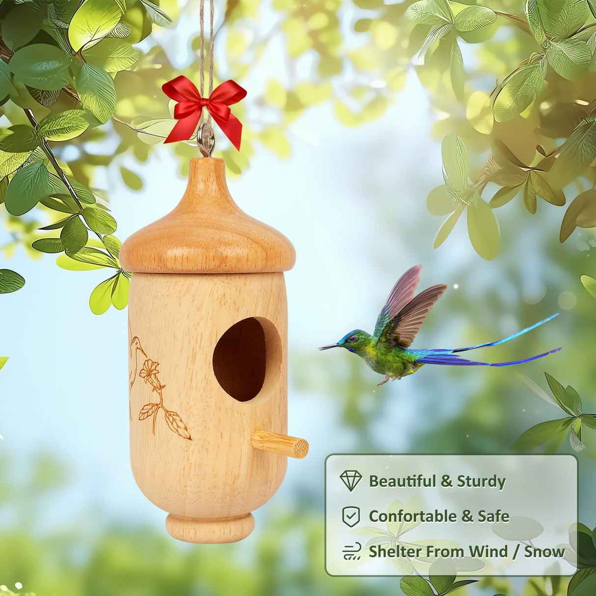 Hummingbird House, Wooden Hummingbird Houses for Outside Hanging, Nest Swinging, Wooden Bird Houses with Cotton, Bow, String, Gardening Gifts Decoration (1 Pack) Rakovar
