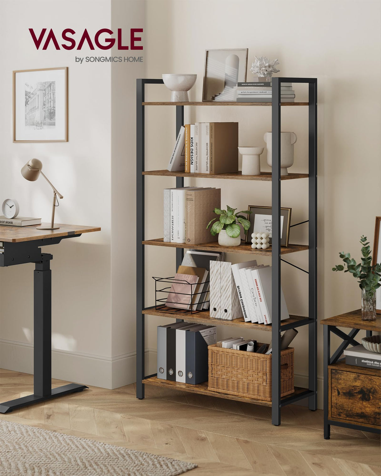 VASAGLE 5-Tier Bookshelf, Bookcase with Steel Frame, Book Shelf for Living Room, Home Office, Study, 11.8 x 31.5 x 60.2 Inches, Industrial Style, Rustic Brown and Ink Black ULLS081B01 VASAGLE