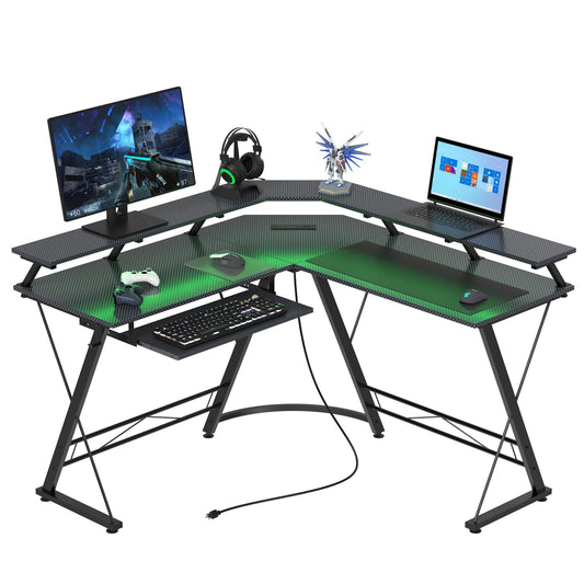 ACEMO L Shaped Gaming Desk with LED Lights and Power Outlet, Computer Desk with Monitor Stand, Untimate Corner Desk with Hooks and Keyboard Tray, Carbon Fiber, Black