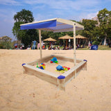 Kids Wooden Sandbox with Cover, Large Outdoor Sandbox with Canopy Height Adjustable, Sand Pit for Backyard Play, Wooden Sand Box for Kids Ages 4-8, Great for Children Boys Girls. AOCOROE