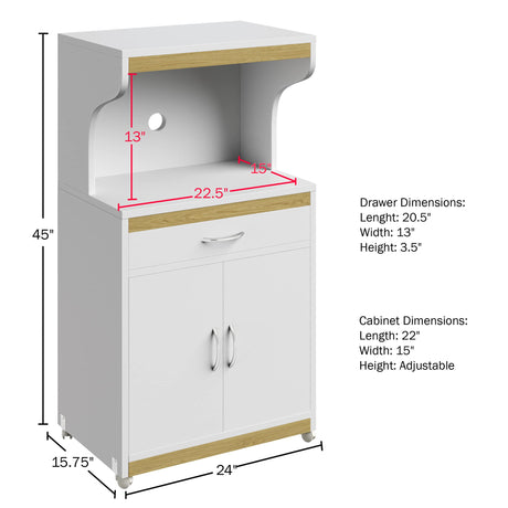 Lavish Home Microwave Stand with Storage – Rolling White Cabinet with Doors, Drawer, and Locking Wheels – Freestanding Wood Cart (White and Oak) Lavish Home