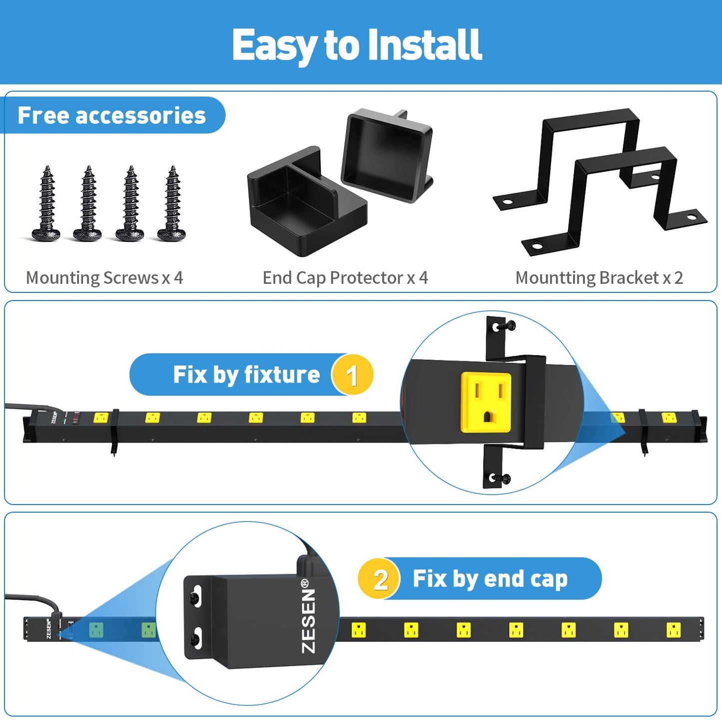 ZESEN 12 Outlet Long Power Strip with 6FT Power Cord, Industrial Heavy Duty for Work Bench Shop Garage, 2100 Joules Surge Protector, Wide Spaced Outlet Power Bar, ETL Certified, Black