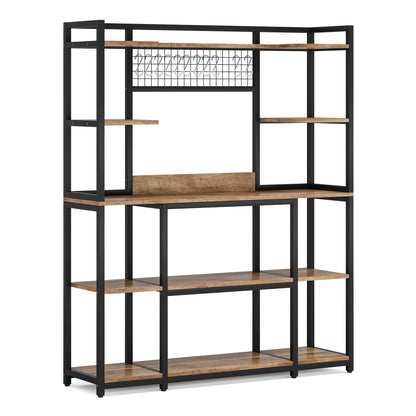 LITTLE TREE 5-Tier Kitchen Bakers Rack, 66.9" Tall Kitchen Hutch Microwave Stand with 11 Hooks, 55" Extra Wide Kitchen Storage Shelf Rack, Wood Baker's Rack for Kitchen, Light Brown and Black