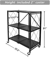 HealSmart Heavy Duty 3-Tier Foldable Metal Rack, 14.96" D x 27.95" W x 34.25" H Storage Shelving Unit 750 lbs with Wheels Moving Organizer Shelves for Garage Kitchen, Black HealSmart