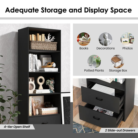 CHEFJOY 4-Tiers Bookcase, 74” Tall Book Shelf Craft Storage Cabinet with 2 Slide Drawers & 4 Open Shelves, Modern Wood Craft Book Shelf for Bedroom, Living Room (Black) CHEFJOY