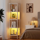 Furologee Bookshelf with LED Lights, 5 Tier Display Shelf with Back, Tall Narrow Bookcase, Modern Corner Standing Shelves, Metal and Wooden Storage Rack for Bedroom, Living Room, Office, White Furologee