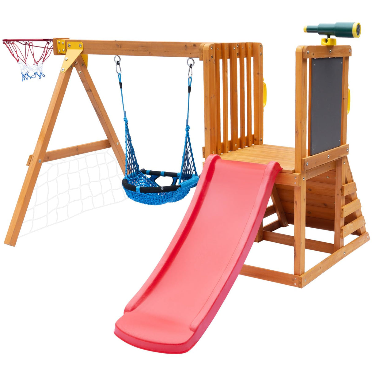 Toddler Swing and Slide Set for Backyard，Wooden 6 in 1 Playground Sets with Baby Swing, Toddler Slide, Rock Climber, Basketball Hoop, Football Net, Telescope,Outdoor Playset for Ages 18 Mon to 3 yrs SuniBoxi