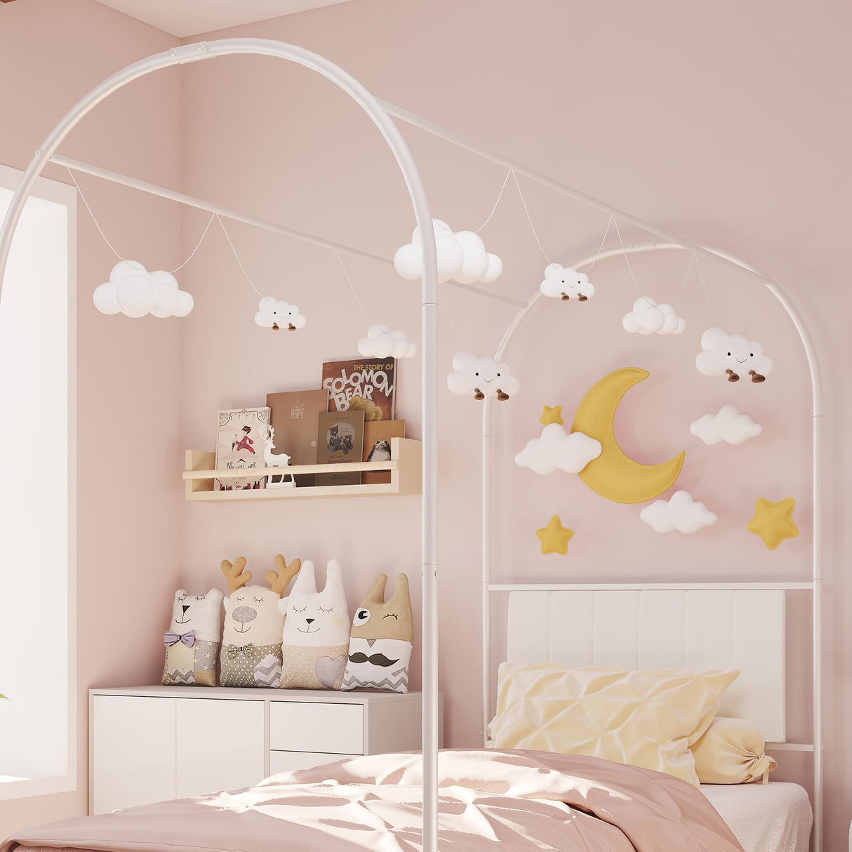 GAOMON Canopy Bed Frame with Upholstered Headboard, Twin Size Bed Frame with Under-Bed Storage, Decorative Arched Metal Bed Frame, No Box Spring Needed, White GAOMON