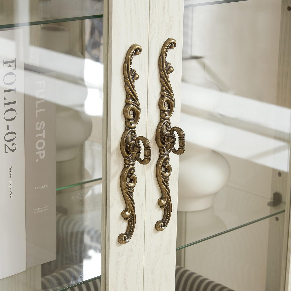 Firscook Curio Cabinet with Lighted,Tall Leg Glass Door Antique Cabinet with 1 Drawer, Curio Display Cabinet with Adjustable Glass Shelves,Corner China Cabinet for Living Room (White) Firscook