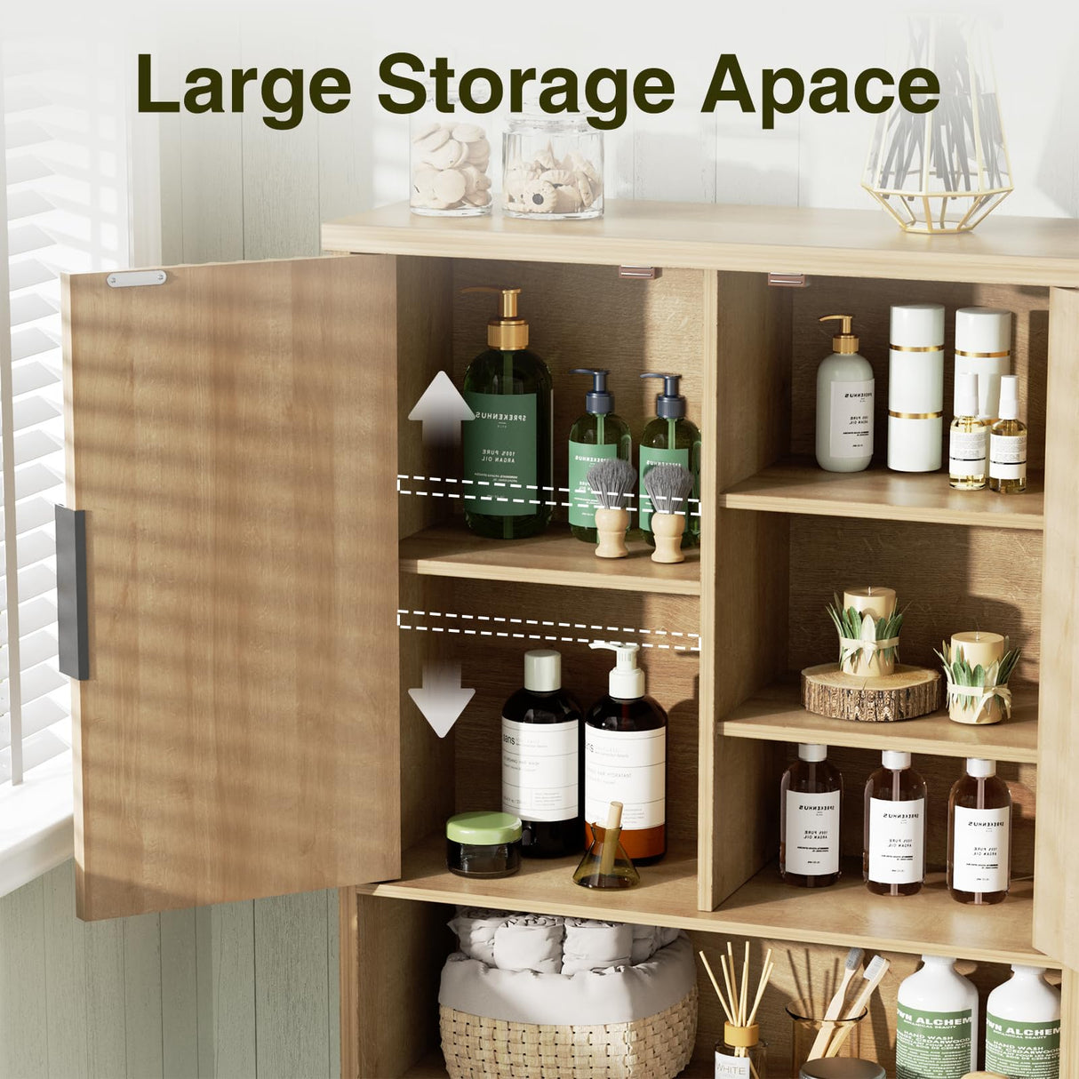 Over The Toilet Storage Cabinet with Fluted Doors and Adjustable Shelf, Tall Bathroom Organizer with Metal Stand Space Saver Over Toilet , Wood Rack for Bathroom, Restroom, Laundry, Natural Oak FiveWillowise