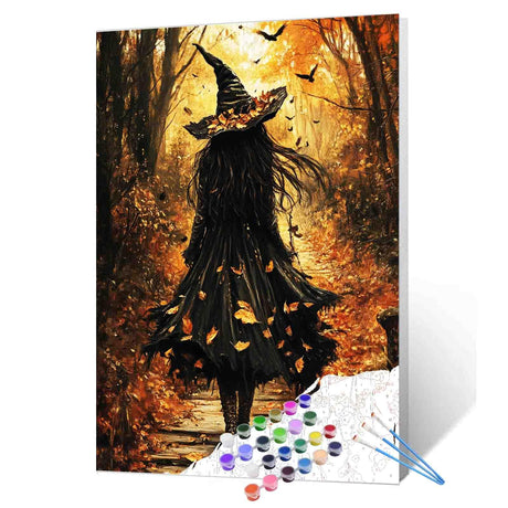 Halloween Dress Witch DIY Paint by Numbers for Adults Halloween Pictures Fall Forest Paint by Number Kit on Canvas for Beginners Paintwork Crafts Home Wall Decor Gifts 16"x20"(Frameless Aihonmin