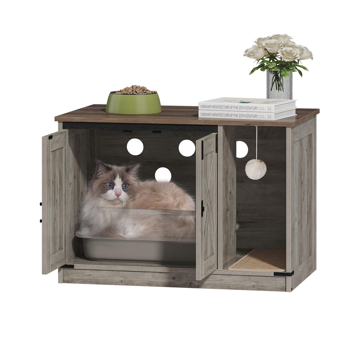 Hzuaneri Cat Litter Box Enclosure, Hidden Litter Box Cabinet Furniture with Cat Bell, Indoor Cat House, Farmhouse Style, 31.5 x 19.7 x 20.9Inches, for Hallway, Bedroom, Light Ivory CB82405X Hzuaneri