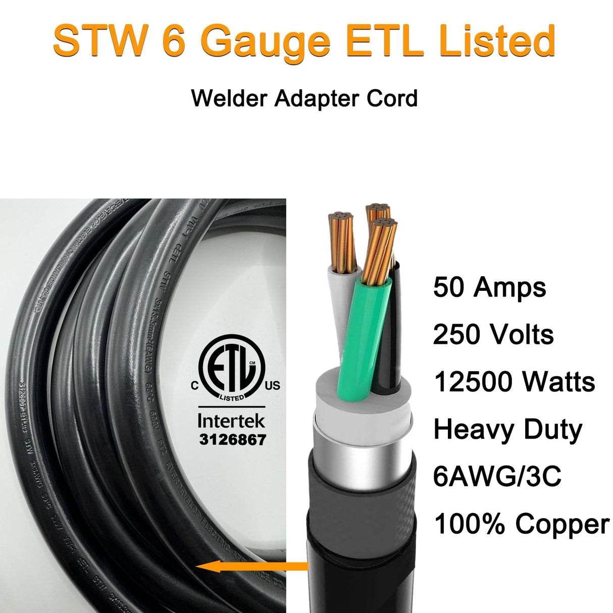Suplevel 6 AWG Welder Adapter Cord 10 FT, Heavy Duty NEMA 14-50P Male to 6-50R Female Extension Cord, STW 6AWG/3C 50 Amp 250 Volts 12500 Watt, Generator RV to Welder Tesla EV Charger Adapter Cord Suplevel