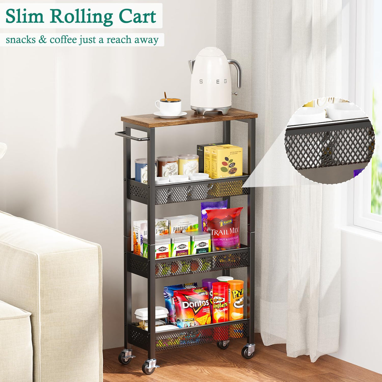 XYZLVSI Slim Storage Cart 4 Tier Narrow Kitchen Rolling Cart on Wheels for Small Space, Mobile Utility Cart Shelving Unit with Wooden Top and Metal Handle for Kitchen, Bathroom, Laundry Room XYZLVSI