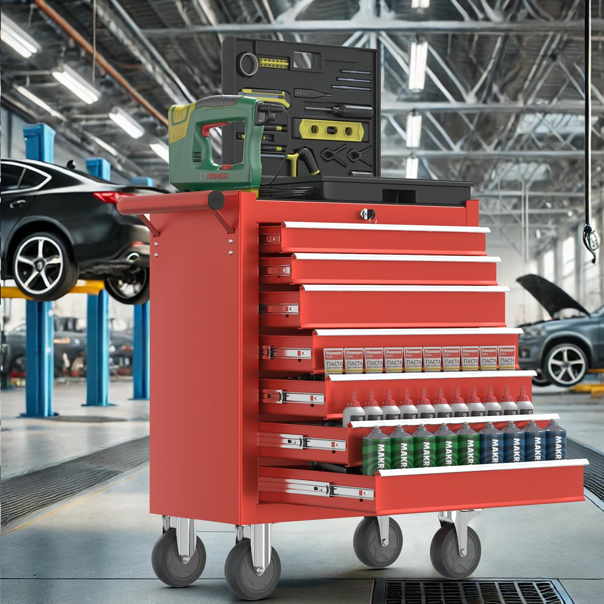 CMFYDAILY 7-Drawers Heavy-Duty Tool Chest, Large Capacity Lockable Tool Cabinet Heavy Duty Mechanic Metal Rolling Tool Box with Drawers and Wheels for Garage CMFYDAILY