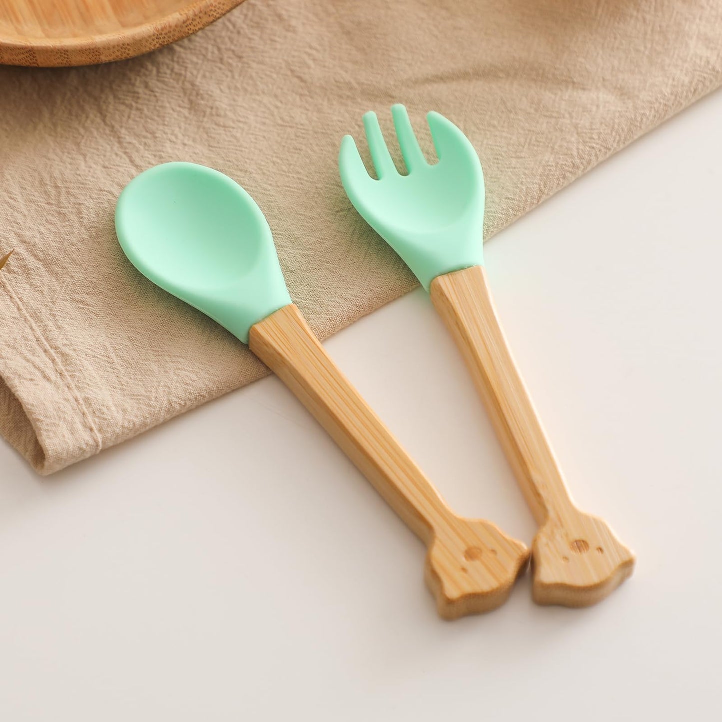 Baby Feeding Spoon, Bamboo Wood and Silicone Baby Fork and Spoon - Soft Curved Silicone Tip Spoons - Suitable for Baby and Toddlers Forked Spoone （Green Bear）