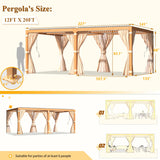 YOLENY 12 x 20 FT Louvered Pergola, Wood Grain Pergola with Adjustable Aluminum Waterproof Roof, Sun Shade Shelter with Netting and Curtains for YOLENY