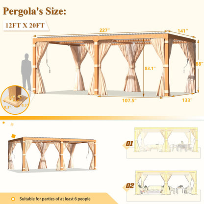 YOLENY 12 x 20 FT Louvered Pergola, Wood Grain Pergola with Adjustable Aluminum Waterproof Roof, Sun Shade Shelter with Netting and Curtains for