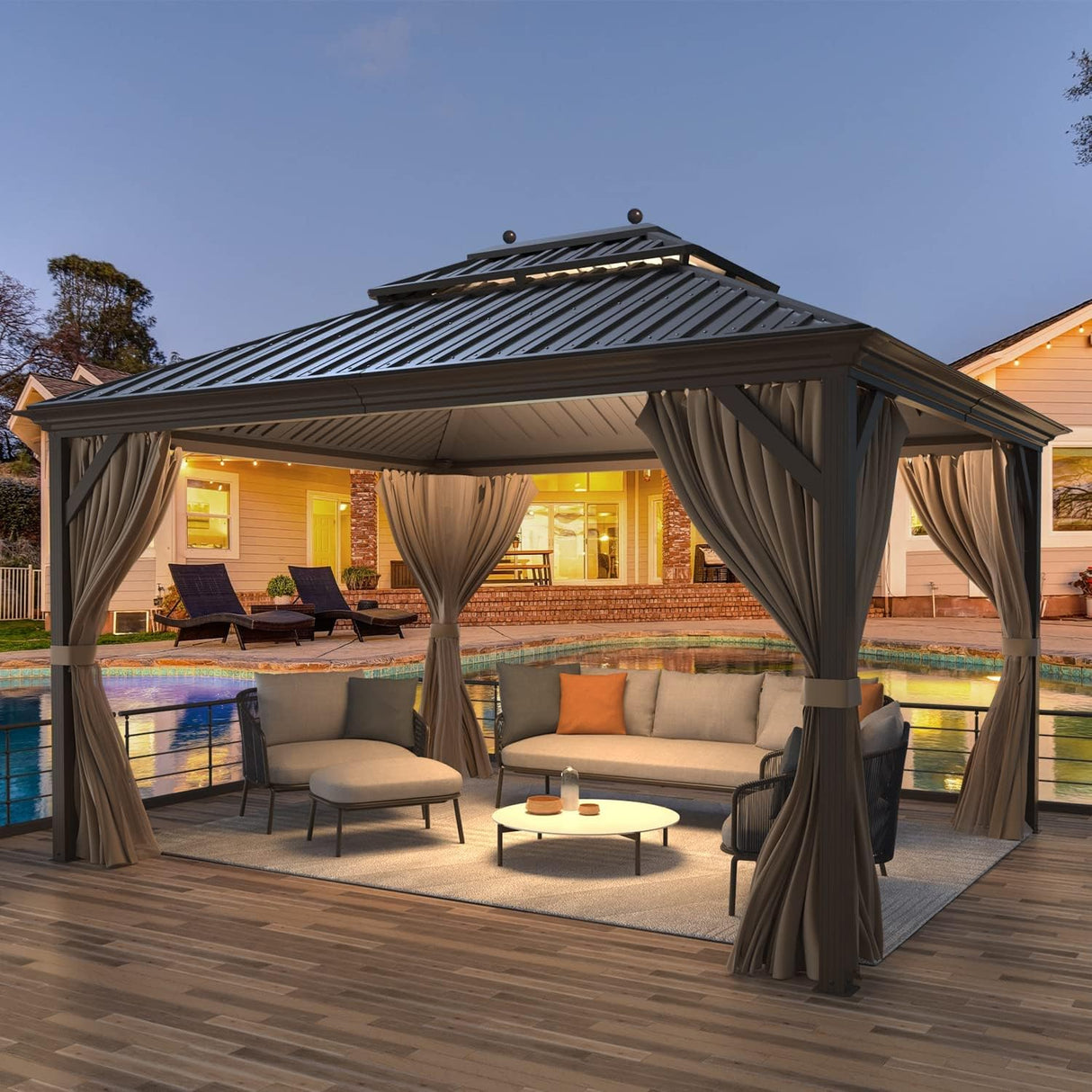 MELLCOM 12' x 14' Hardtop Gazebo, Brown Permanent Pavilion Gazebo with Curtains and Netting, Galvanized Steel Metal Double Roof Aluminum Gazebo with Aluminum Frame for Patio, Lawn & Garden MELLCOM