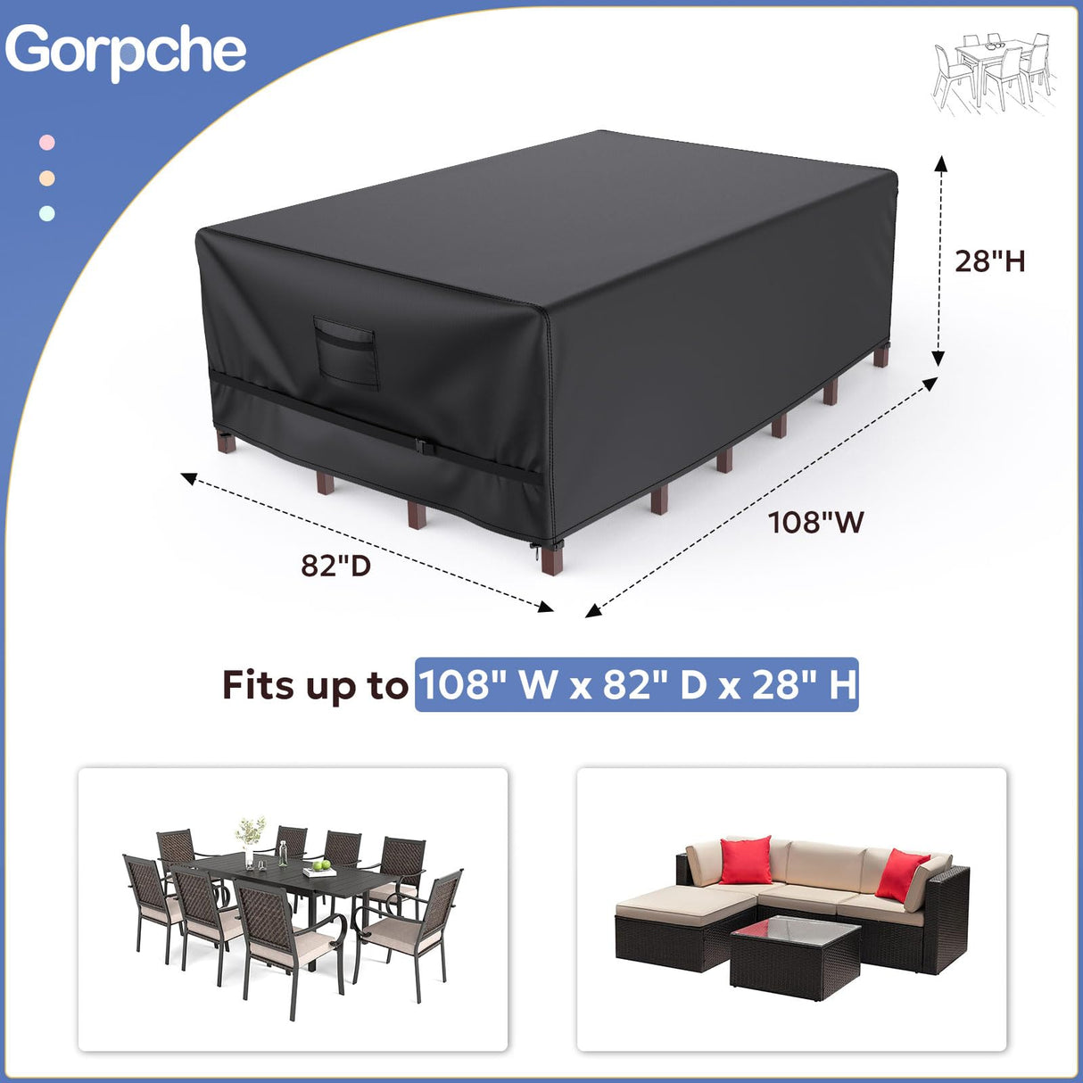 Patio Furniture Covers, Gorpche Outdoor Furniture Covers Waterproof, Tear-Resistant Patio Table and Chair Set Cover with Upgraded Fastener Windproof Buckle Straps, Heavy Duty, 108"L× 82"W× 28"H, Black Gorpche