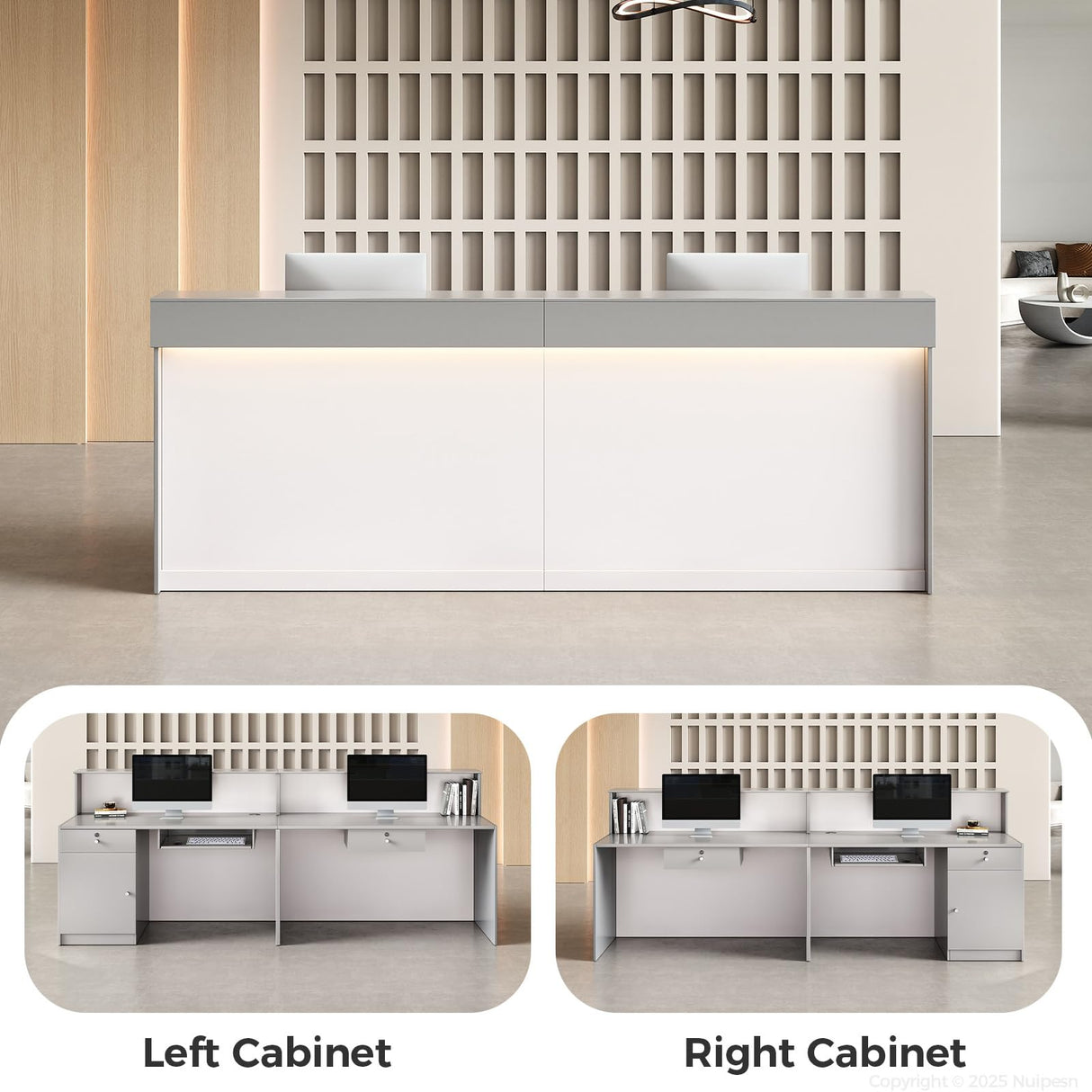 Nuipesn Modern Reception Desk Front Desk with LED Strip Lighting, Lockable Drawers, and Versatile Storage for Office, Checkout (Gray/Regular Type, 86.61" L*23.62" W*39.37" H) Nuipesn