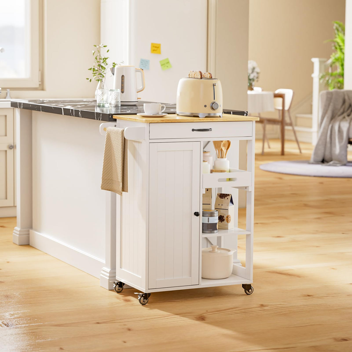 Gizoon Kitchen Island Cart with Removable Tray, 27.6''W Rolling Utility Trolley Cart with Drawer, Cabinet, Towel Rack, Hooks and 3 Open Storage Shelves, Mobile Storage Cart for Dining Room, Bar, White Gizoon